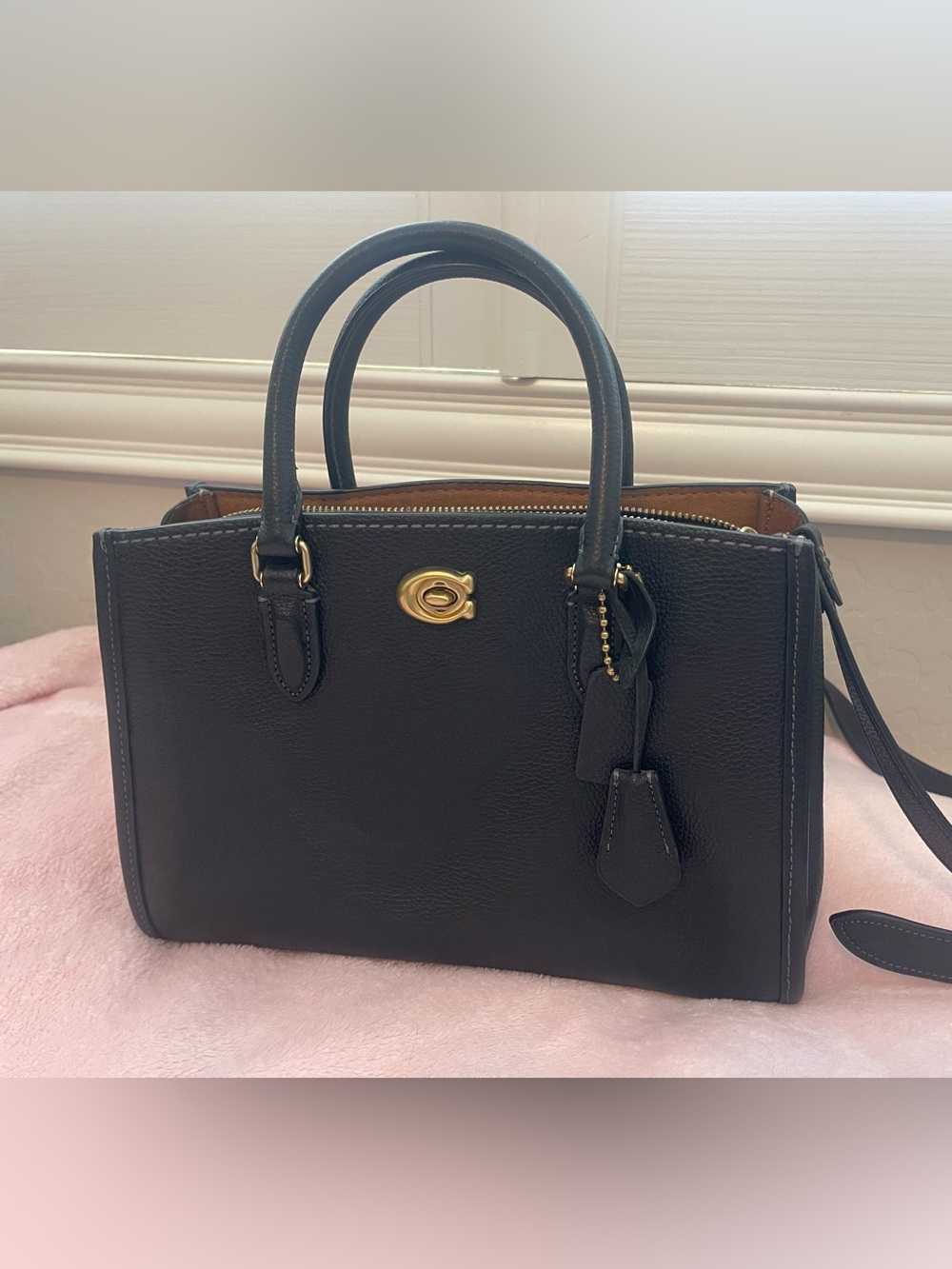 Coach Black Leather Satchel Handbag with Gold Hardware
